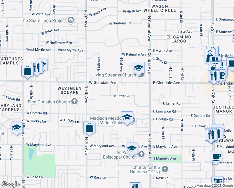 map of restaurants, bars, coffee shops, grocery stores, and more near 302 W Flynn Ln in Phoenix