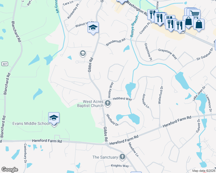 map of restaurants, bars, coffee shops, grocery stores, and more near 570 Ansley Way in Evans