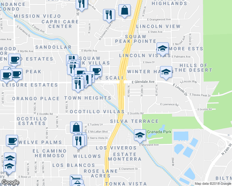 map of restaurants, bars, coffee shops, grocery stores, and more near 6815 North 18th Street in Phoenix