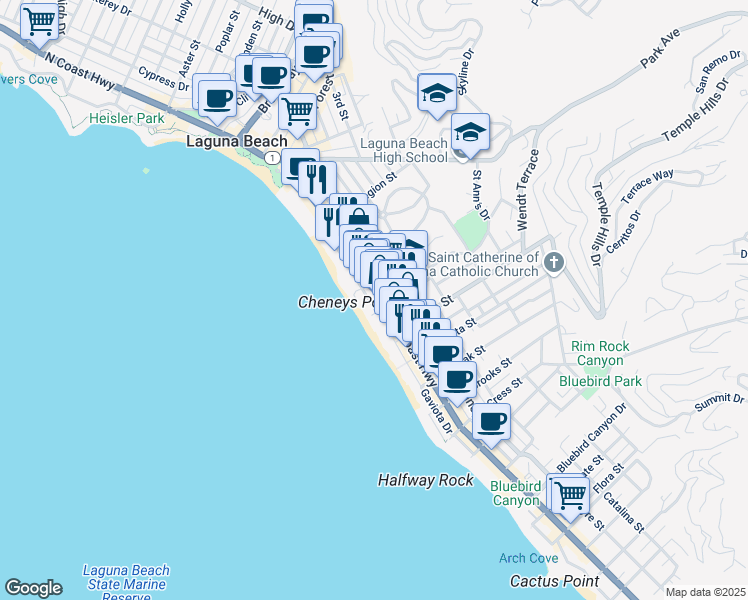 map of restaurants, bars, coffee shops, grocery stores, and more near 763 South Coast Highway in Laguna Beach