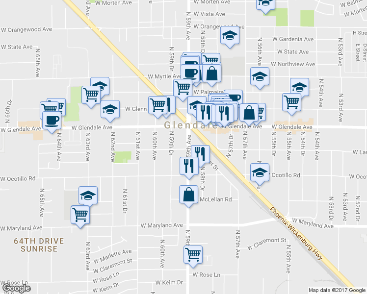 map of restaurants, bars, coffee shops, grocery stores, and more near 6802 North 59th Avenue in Glendale