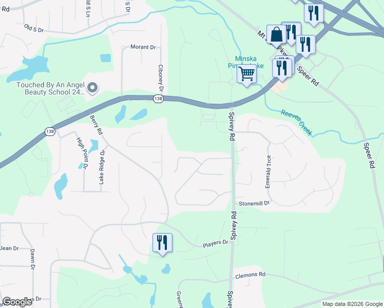 map of restaurants, bars, coffee shops, grocery stores, and more near 206 Hunting Court in Jonesboro