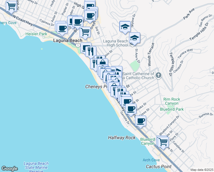 map of restaurants, bars, coffee shops, grocery stores, and more near 763 South Coast Highway in Laguna Beach
