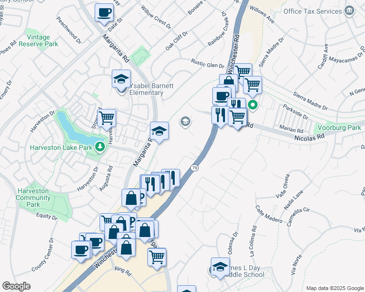 map of restaurants, bars, coffee shops, grocery stores, and more near 27215 Nicolas Road in Temecula