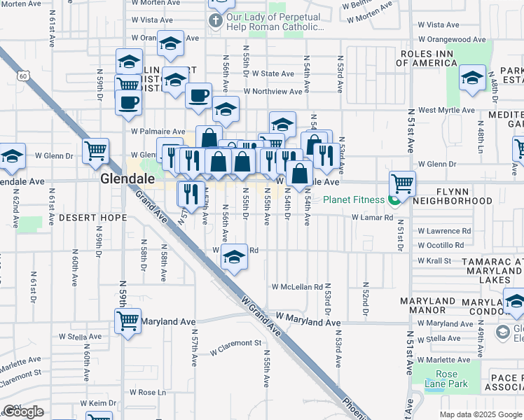 map of restaurants, bars, coffee shops, grocery stores, and more near 6802 North 55th Avenue in Glendale