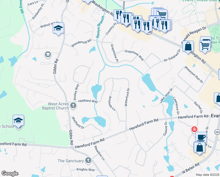 map of restaurants, bars, coffee shops, grocery stores, and more near 4518 Amanda Ln in Evans