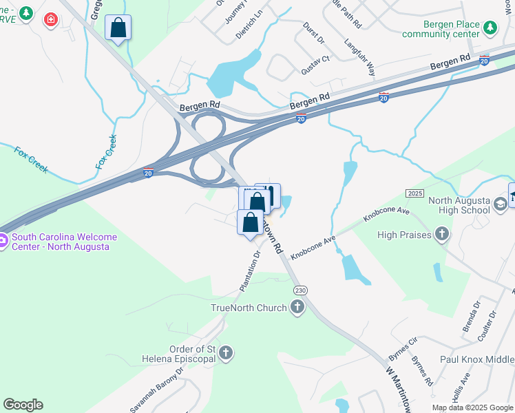 map of restaurants, bars, coffee shops, grocery stores, and more near Frontage Road in North Augusta