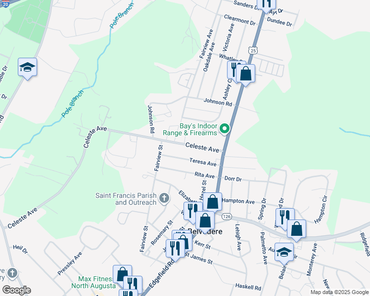 map of restaurants, bars, coffee shops, grocery stores, and more near 307 Celeste Avenue in North Augusta