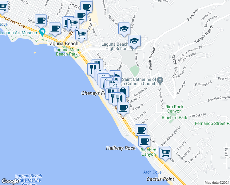 map of restaurants, bars, coffee shops, grocery stores, and more near 801 Glenneyre Street in Laguna Beach