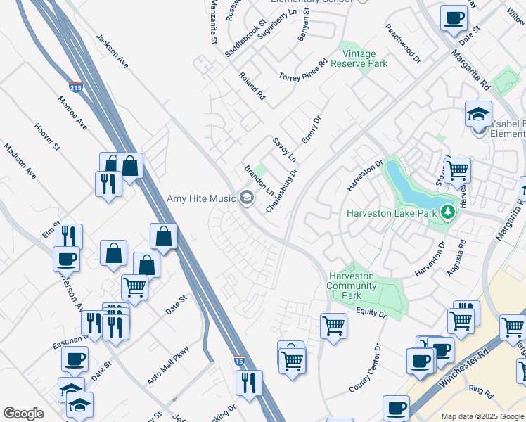 map of restaurants, bars, coffee shops, grocery stores, and more near 40463 Charlesburg Drive in Temecula
