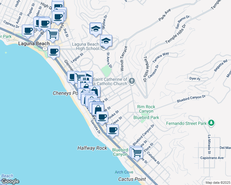 map of restaurants, bars, coffee shops, grocery stores, and more near 604 Anita Street in Laguna Beach