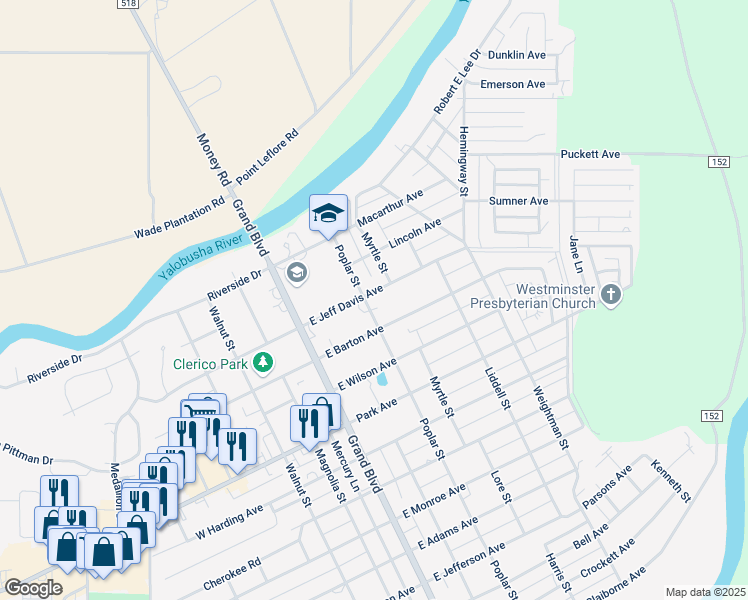 map of restaurants, bars, coffee shops, grocery stores, and more near 1106 Poplar Street in Greenwood