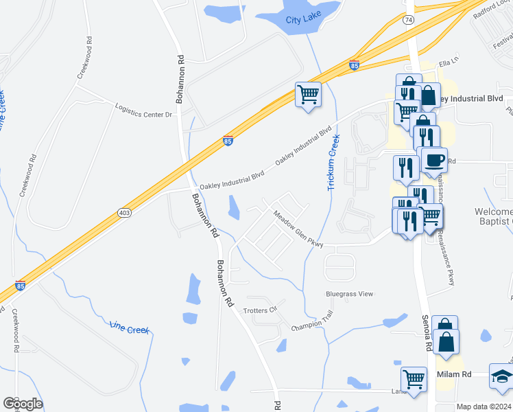 map of restaurants, bars, coffee shops, grocery stores, and more near 4045 Meadow Glen Way in Fairburn