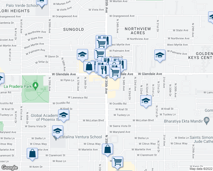 map of restaurants, bars, coffee shops, grocery stores, and more near 3451 West Glendale Avenue in Phoenix