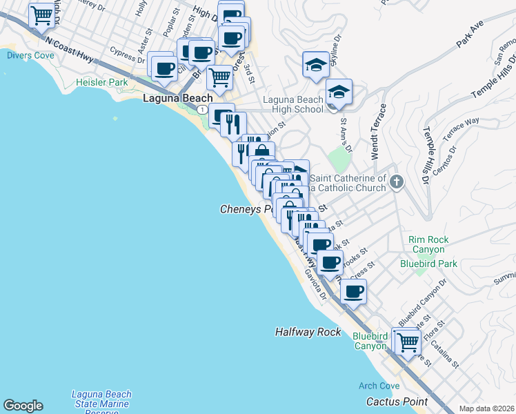 map of restaurants, bars, coffee shops, grocery stores, and more near 715 Ocean Front in Laguna Beach