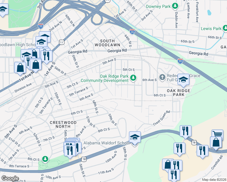 map of restaurants, bars, coffee shops, grocery stores, and more near 612 62nd Street South in Birmingham