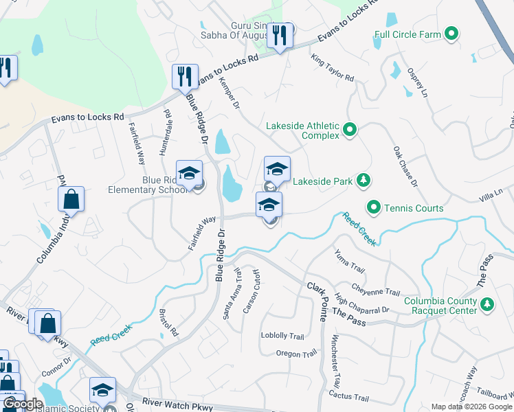 map of restaurants, bars, coffee shops, grocery stores, and more near 533 Blue Ridge Drive in Evans
