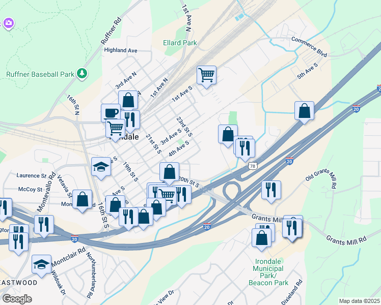 map of restaurants, bars, coffee shops, grocery stores, and more near 2220 5th Avenue South in Irondale