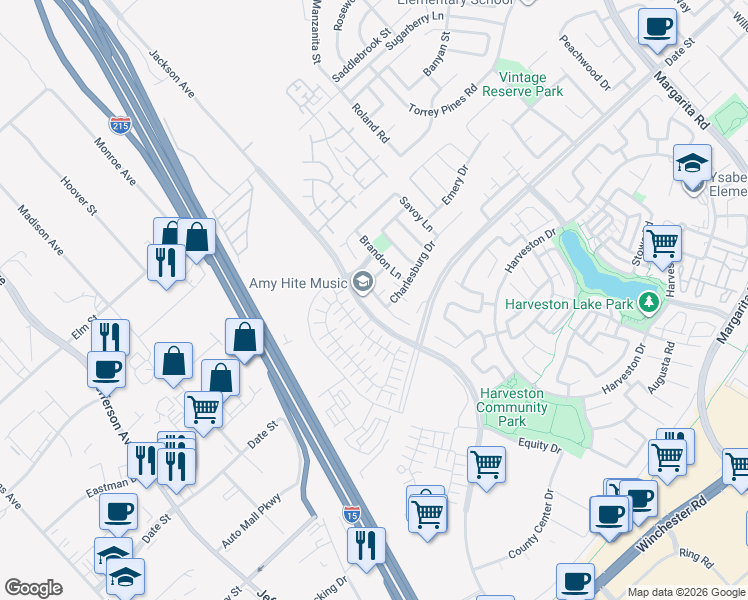 map of restaurants, bars, coffee shops, grocery stores, and more near 27459 Lock Haven Court in Temecula