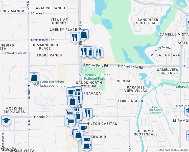 map of restaurants, bars, coffee shops, grocery stores, and more near 7301 East Indian Bend Road in Scottsdale