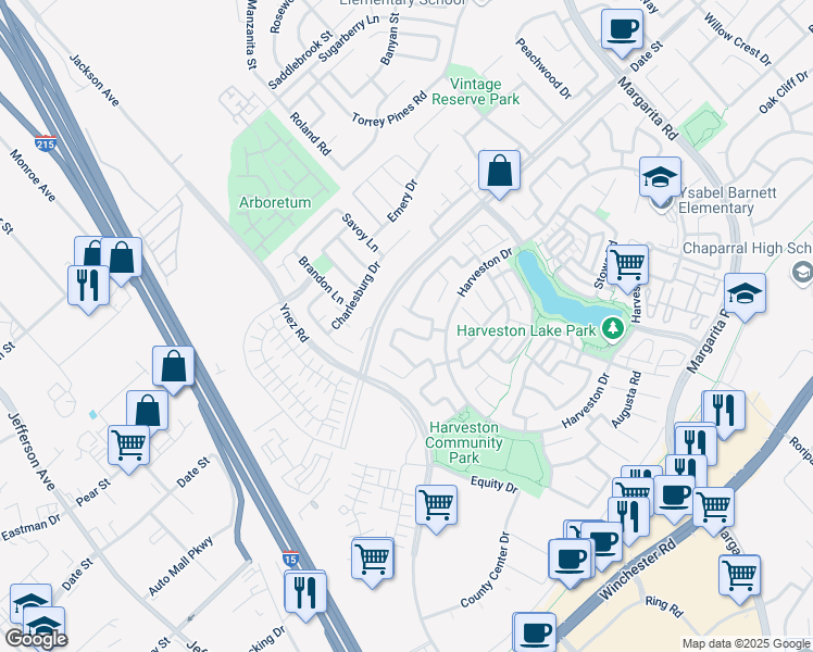 map of restaurants, bars, coffee shops, grocery stores, and more near 40185 Medford Road in Temecula
