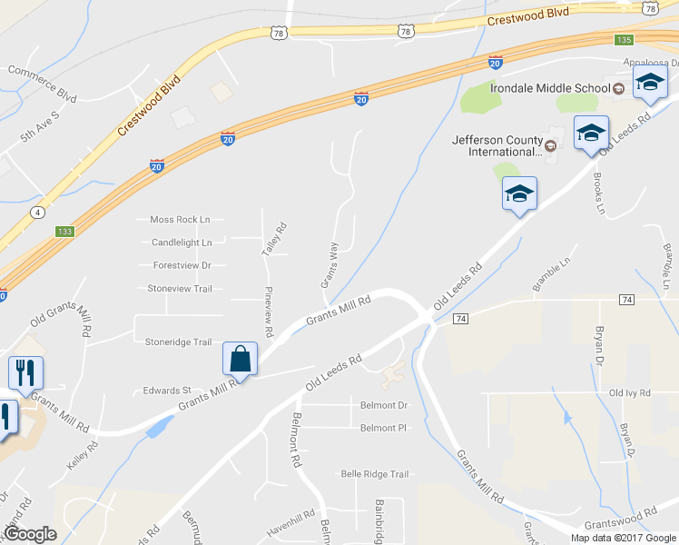 map of restaurants, bars, coffee shops, grocery stores, and more near 1179 Grants Way in Birmingham