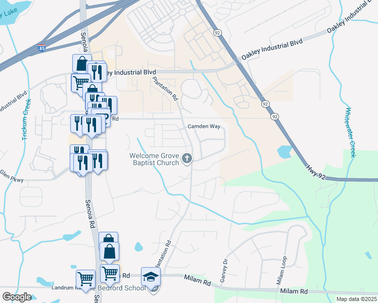 map of restaurants, bars, coffee shops, grocery stores, and more near 3050 Broadleaf Trail Road in Fairburn