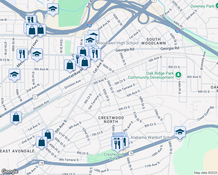 map of restaurants, bars, coffee shops, grocery stores, and more near 528 56th Street South in Birmingham