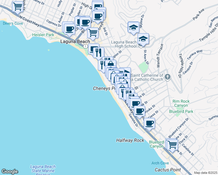 map of restaurants, bars, coffee shops, grocery stores, and more near 715 Ocean Front in Laguna Beach