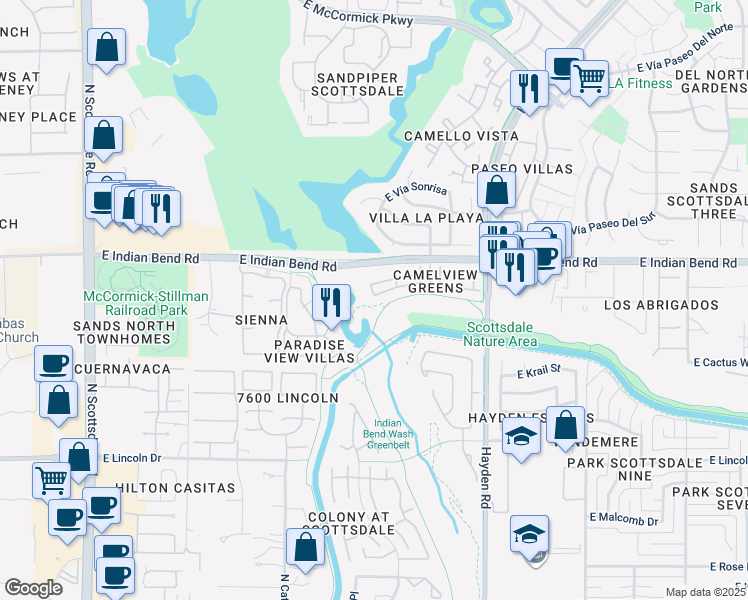 map of restaurants, bars, coffee shops, grocery stores, and more near 7721 East Joshua Tree Lane in Scottsdale