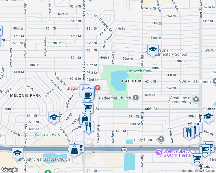 map of restaurants, bars, coffee shops, grocery stores, and more near 6219 63rd Street in Lubbock