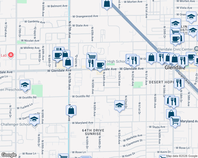 map of restaurants, bars, coffee shops, grocery stores, and more near 6419 West Flynn Lane in Glendale