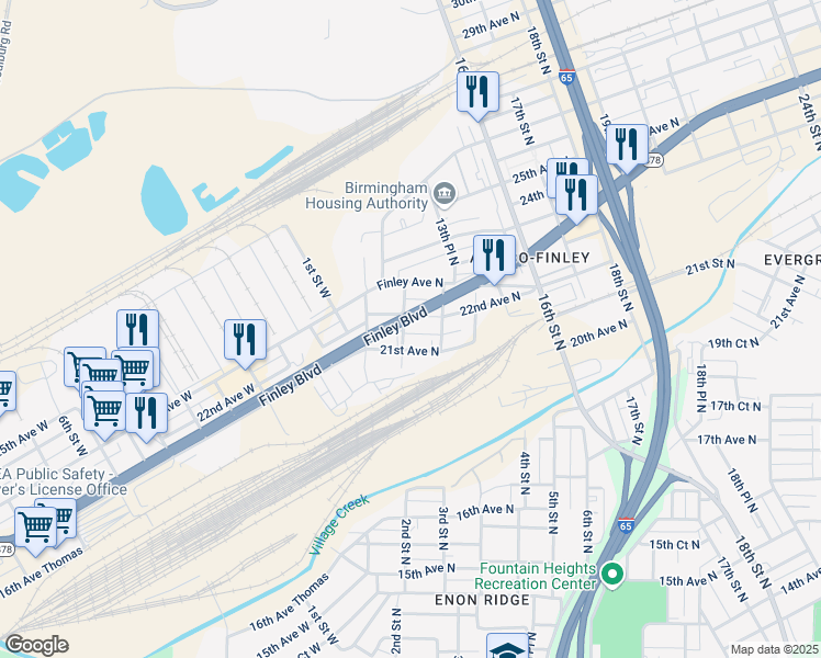 map of restaurants, bars, coffee shops, grocery stores, and more near 1201 Finley Boulevard in Birmingham