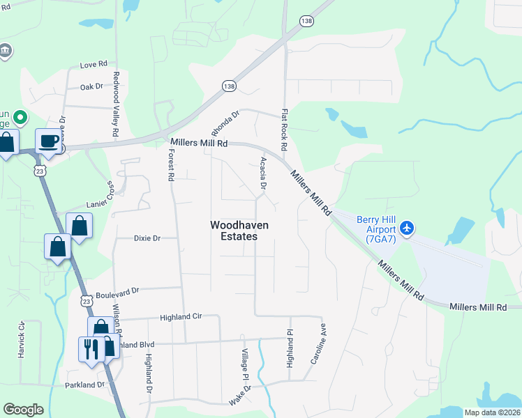 map of restaurants, bars, coffee shops, grocery stores, and more near 155 Cottonwood Court in Stockbridge