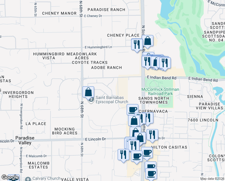 map of restaurants, bars, coffee shops, grocery stores, and more near 6870 North 70th Way in Paradise Valley