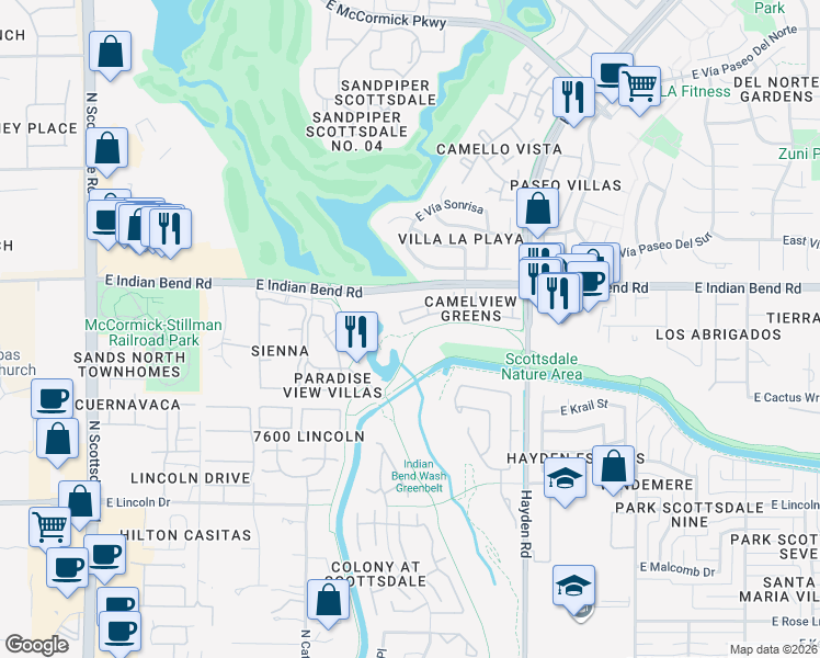 map of restaurants, bars, coffee shops, grocery stores, and more near 7721 East Joshua Tree Lane in Scottsdale