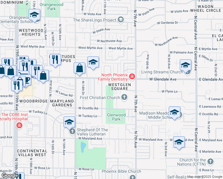 map of restaurants, bars, coffee shops, grocery stores, and more near 6815 North 10th Avenue in Phoenix