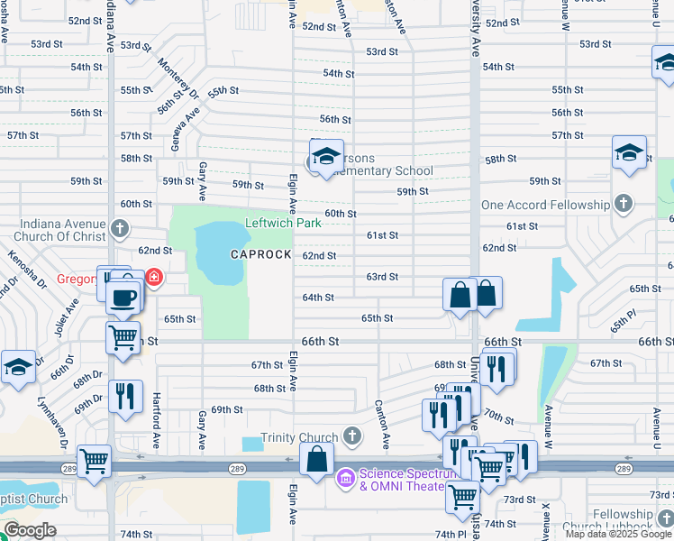 map of restaurants, bars, coffee shops, grocery stores, and more near 2808 63rd Street in Lubbock