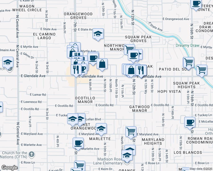 map of restaurants, bars, coffee shops, grocery stores, and more near 6919 North 10th Street in Phoenix