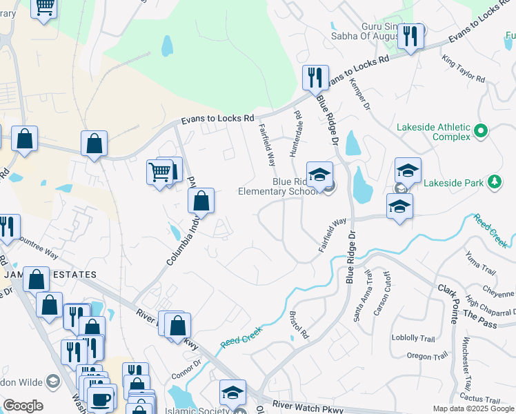 map of restaurants, bars, coffee shops, grocery stores, and more near 4211 Fairfield Circle in Evans