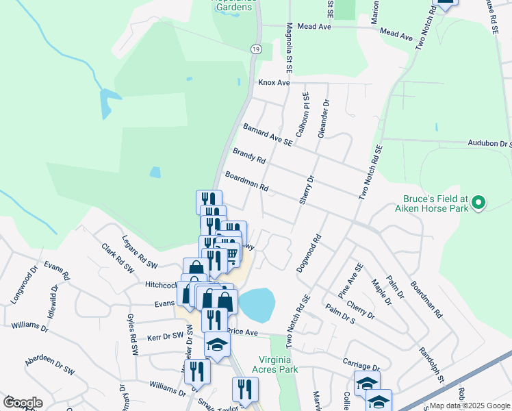 map of restaurants, bars, coffee shops, grocery stores, and more near 195 Hickory Road in Aiken