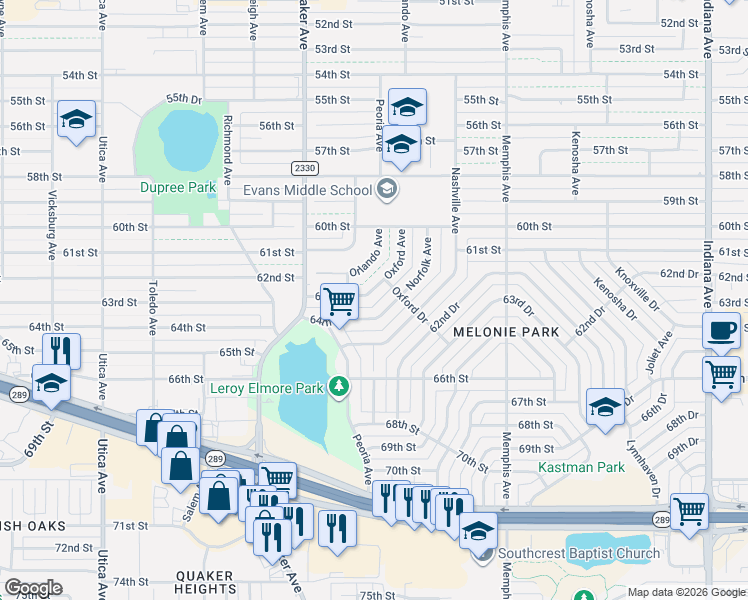map of restaurants, bars, coffee shops, grocery stores, and more near 4111 63rd Street in Lubbock