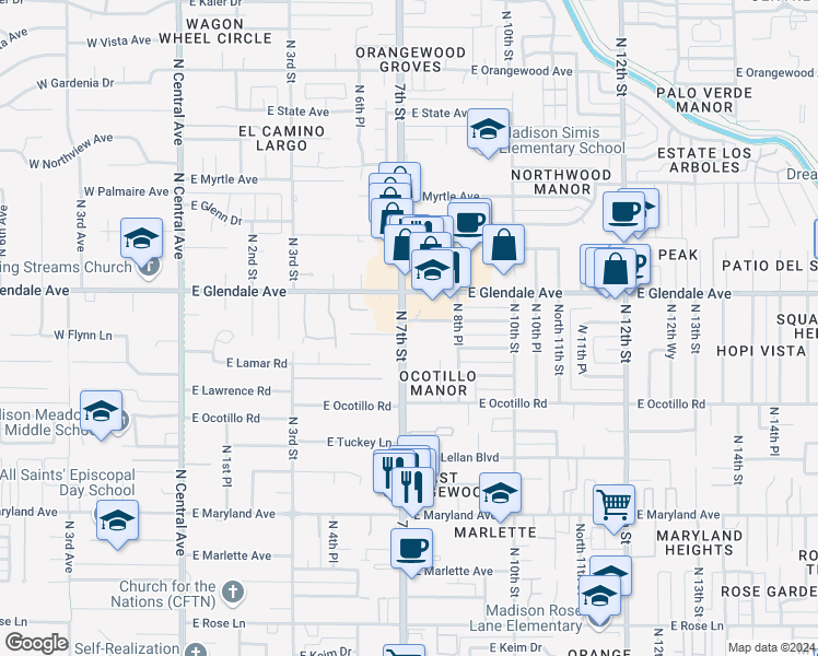 map of restaurants, bars, coffee shops, grocery stores, and more near 6767 North 7th Street in Phoenix