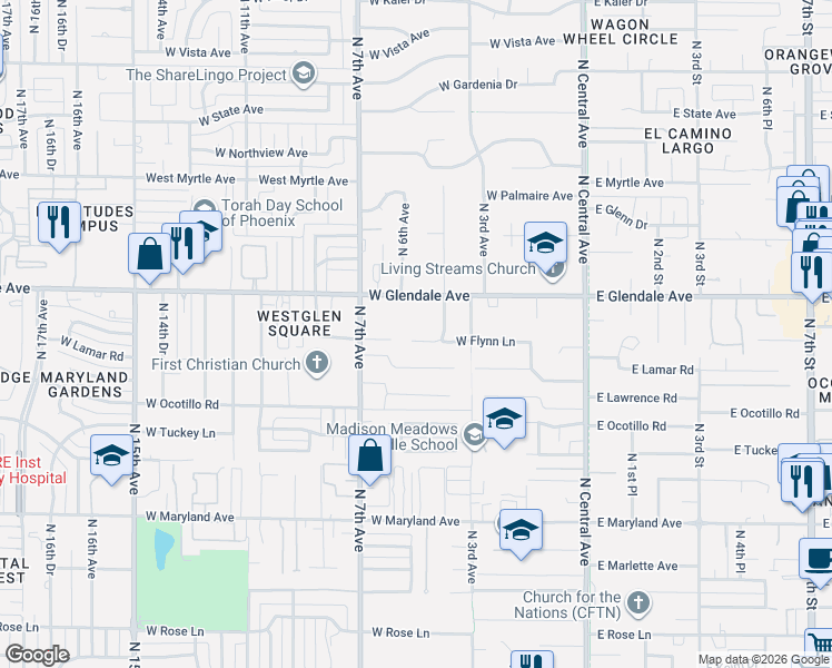 map of restaurants, bars, coffee shops, grocery stores, and more near 416 West Flynn Lane in Phoenix