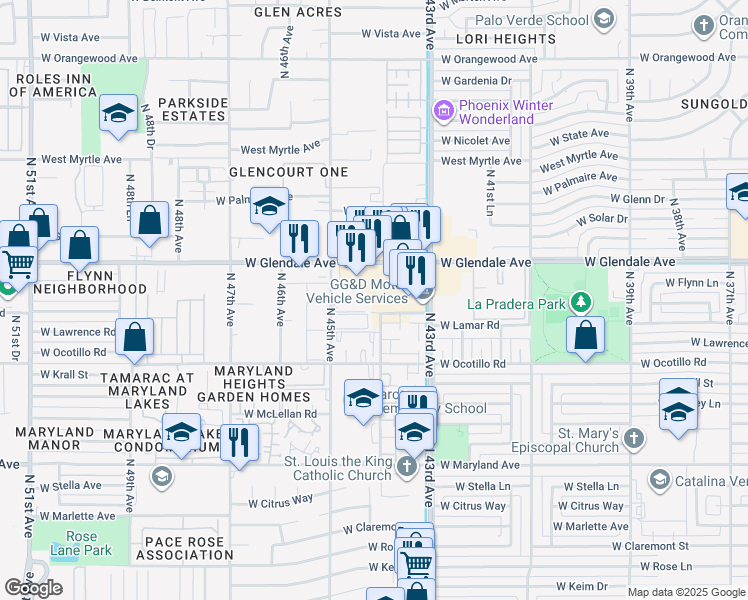 map of restaurants, bars, coffee shops, grocery stores, and more near 6814 North 44th Avenue in Glendale