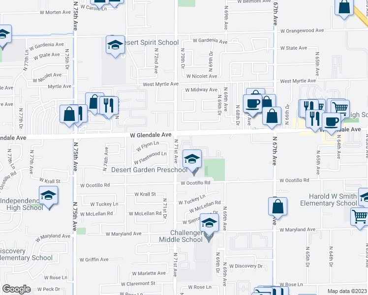 map of restaurants, bars, coffee shops, grocery stores, and more near 6917 North 71st Avenue in Glendale