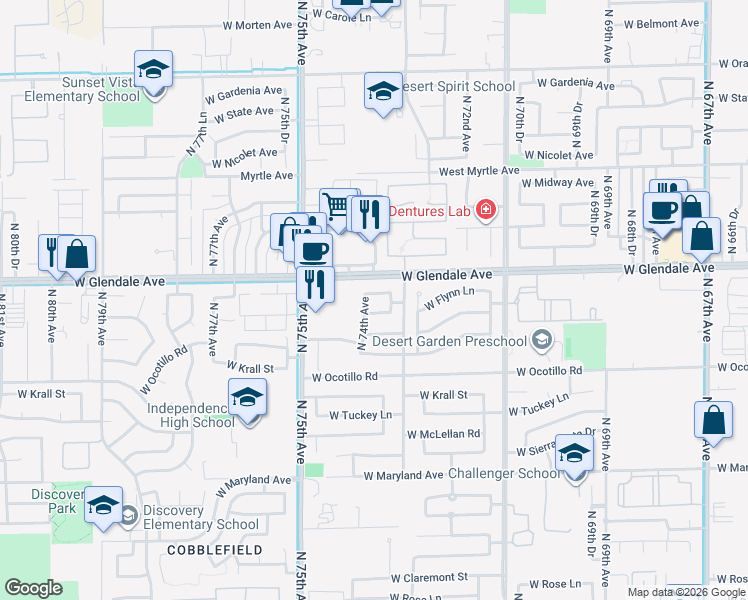 map of restaurants, bars, coffee shops, grocery stores, and more near 6934 North 74th Avenue in Glendale