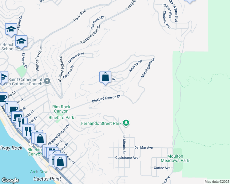 map of restaurants, bars, coffee shops, grocery stores, and more near 1260 Bluebird Canyon Drive in Laguna Beach