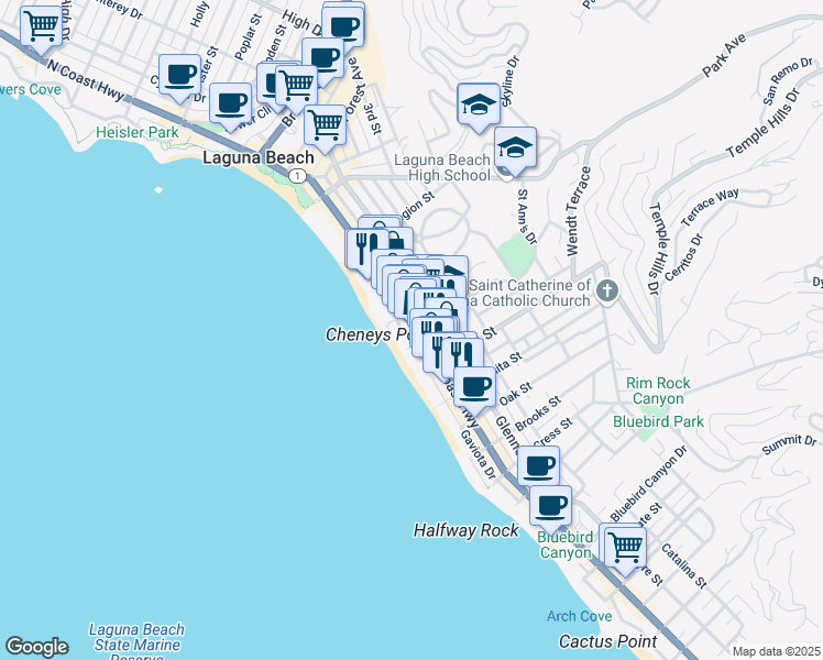 map of restaurants, bars, coffee shops, grocery stores, and more near 699 California 1 in Laguna Beach