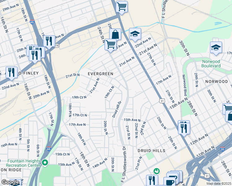 map of restaurants, bars, coffee shops, grocery stores, and more near 1644 Druid Hill Drive in Birmingham